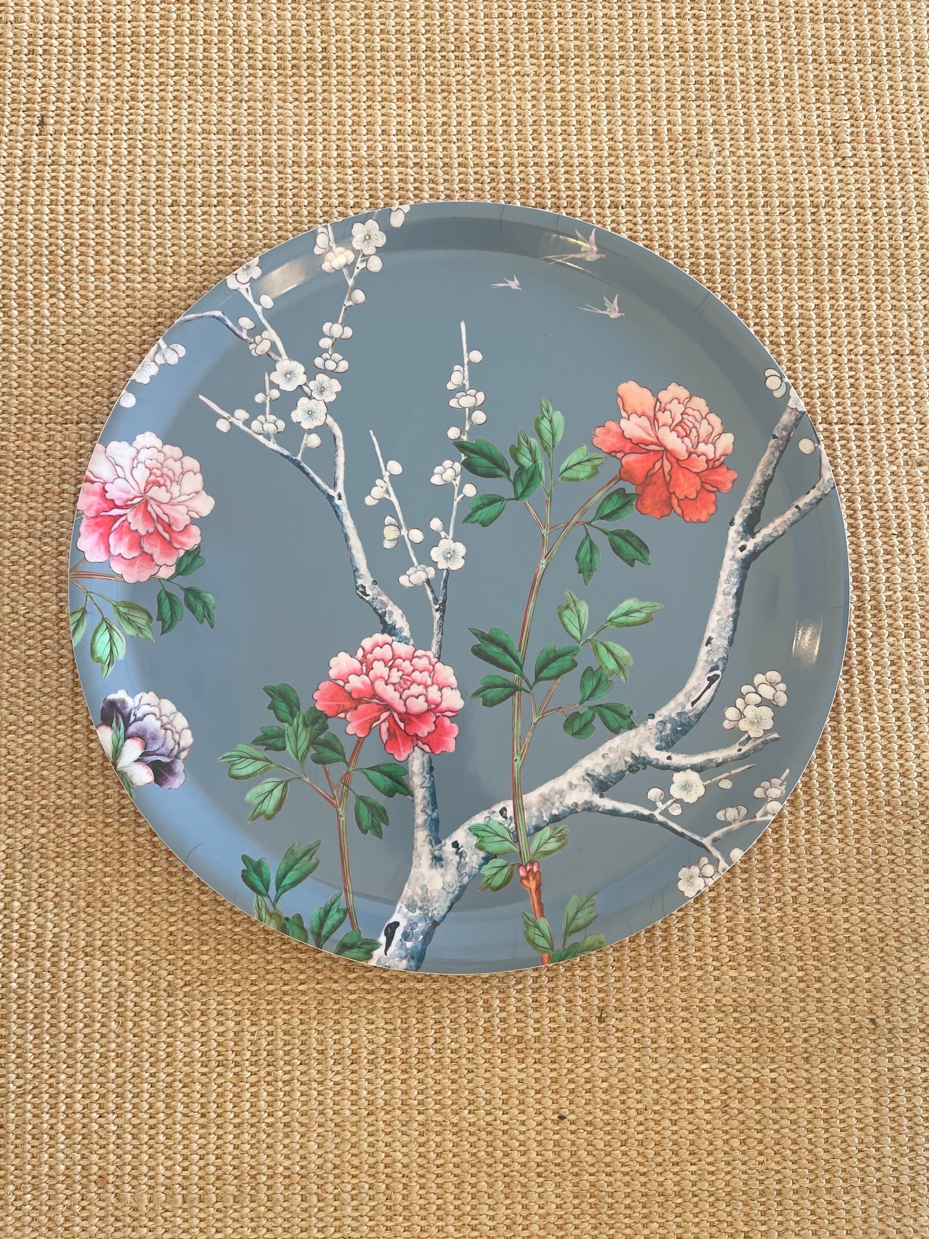 French Design Peonies Round Tray Bleu Gris background