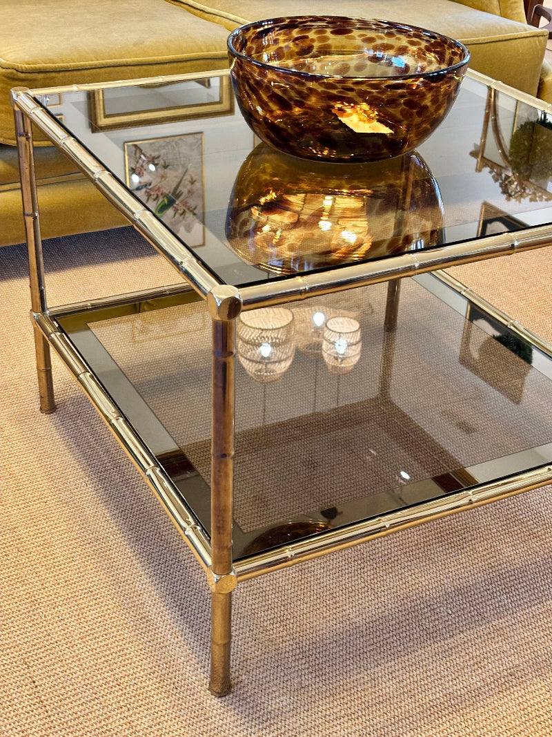 Vintage French Coffee Table, Brass, Faux Bamboo and Glass