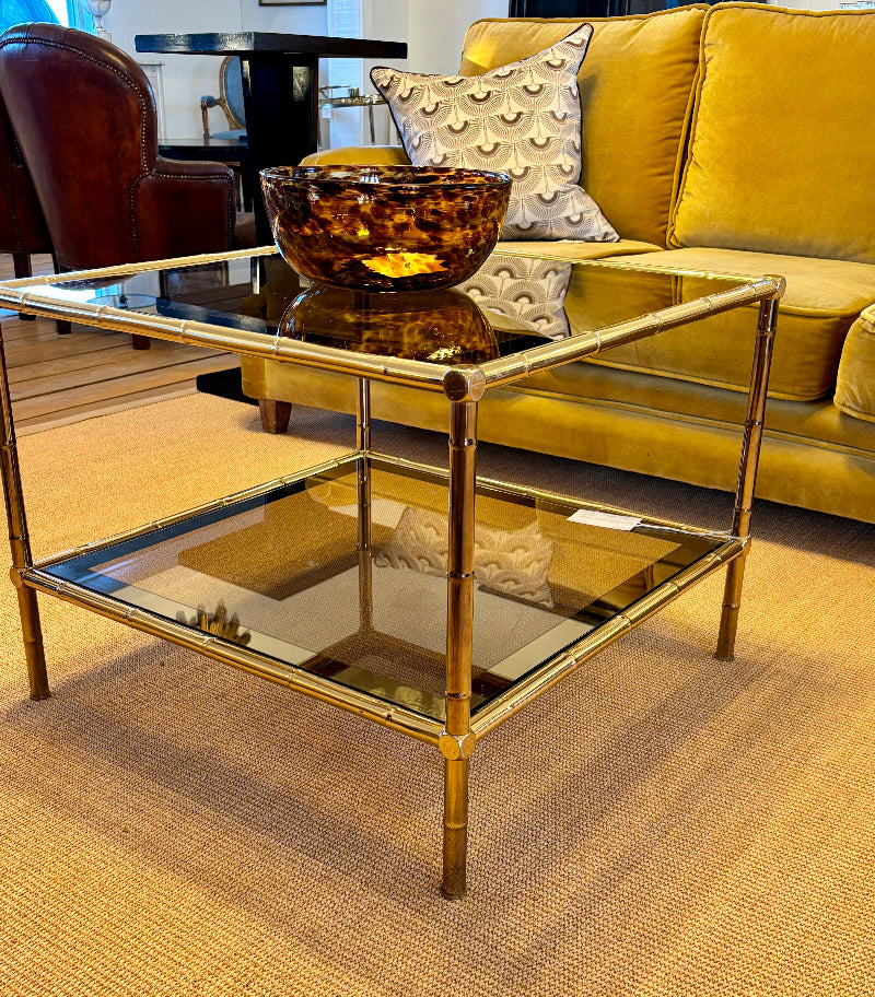 Vintage French Coffee Table, Brass, Faux Bamboo and Glass