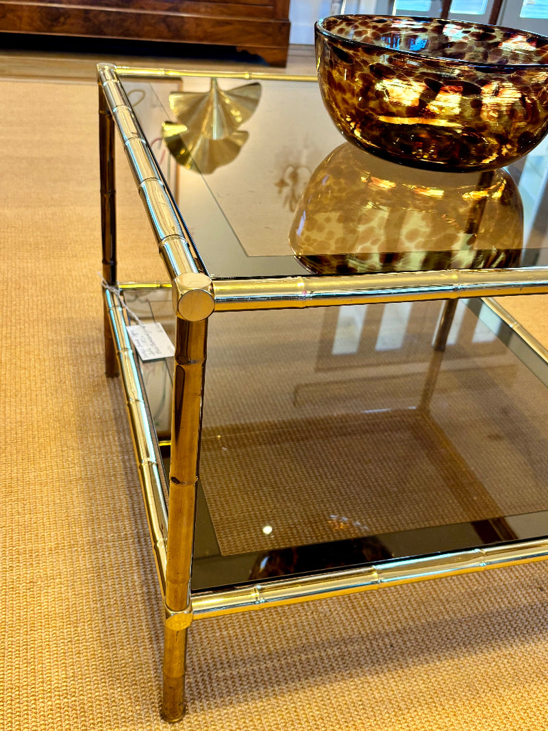 Vintage French Coffee Table, Brass, Faux Bamboo and Glass