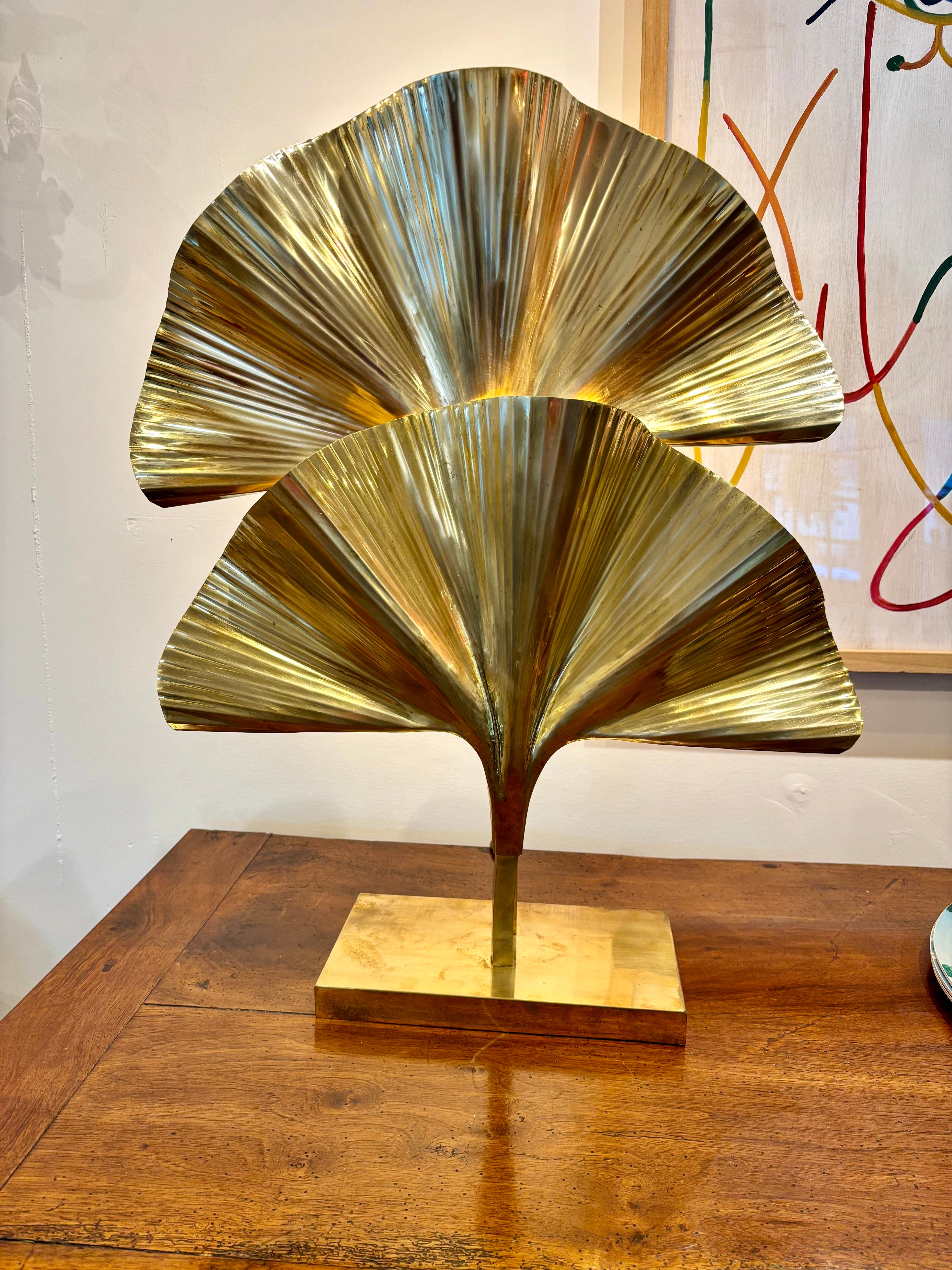 Pair of Italian Brass Lamps, Ginko Leaf Design