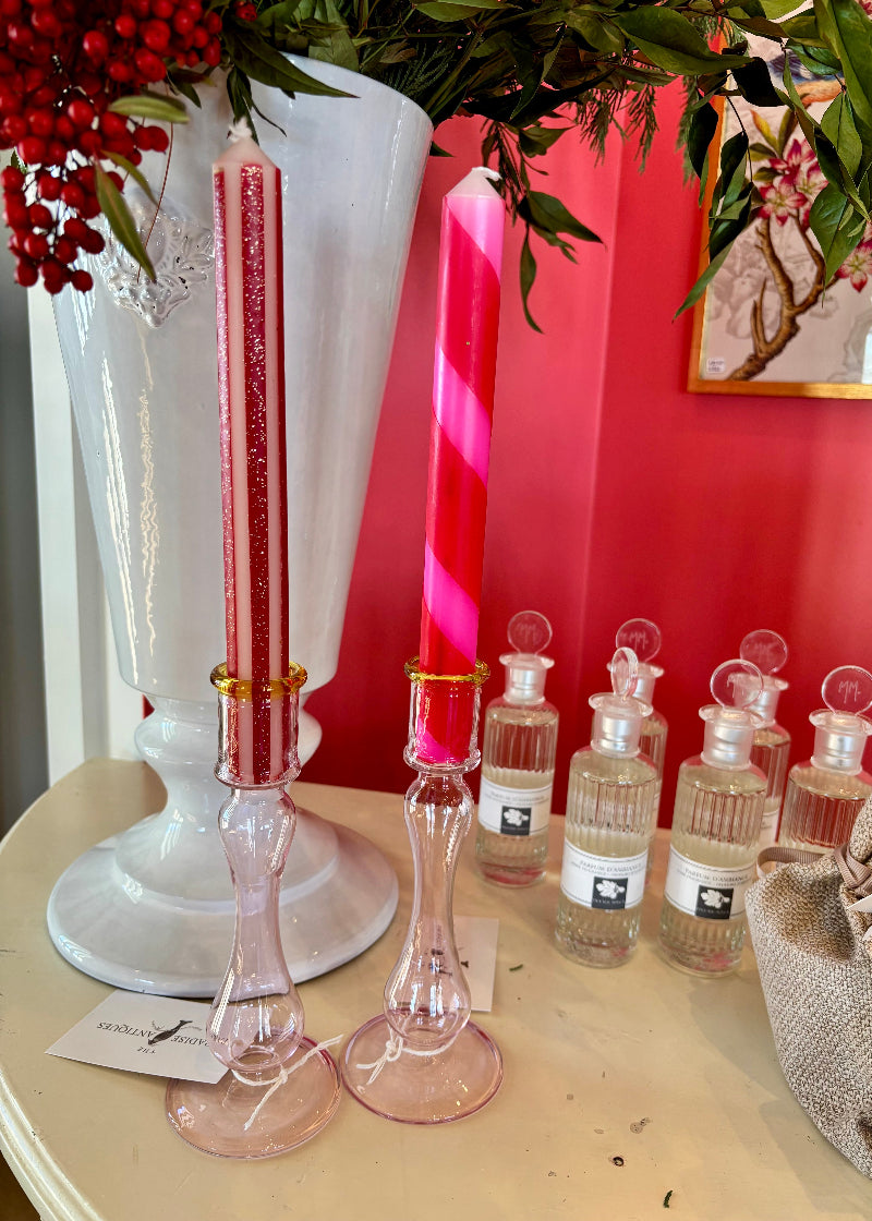 Handblown Candlestick Pink Glass