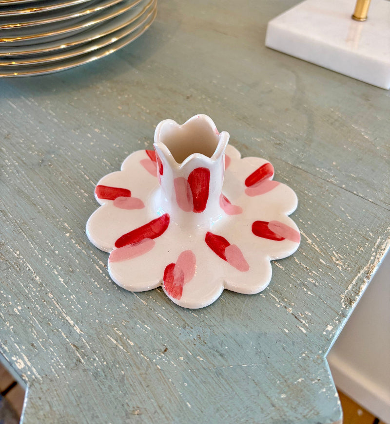 Ceramic Scalloped Candleholder Red and White